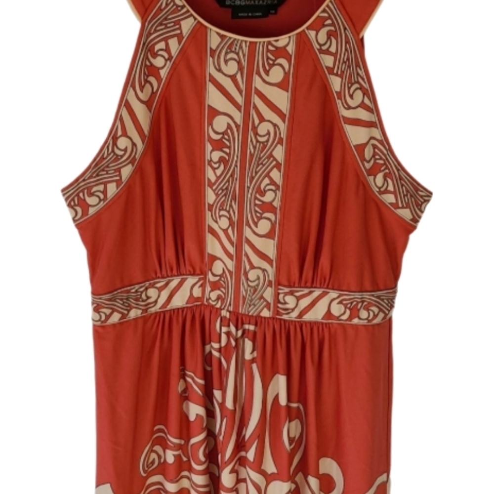 BCBG Max Azria Vintage Orange Coral Romantic Dress Greek Style Print Dress - Picture 2 of 6